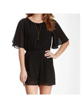 Everleigh Chiffon Romper Black Medium Flutter Sleeve Keyhole Back 3 Inch Inseam